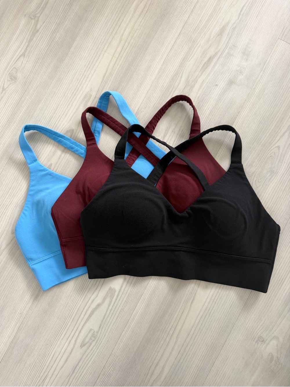 Athleta Seamless Light Support Sports Bra Trio - Black, Burgundy, Sky Blue